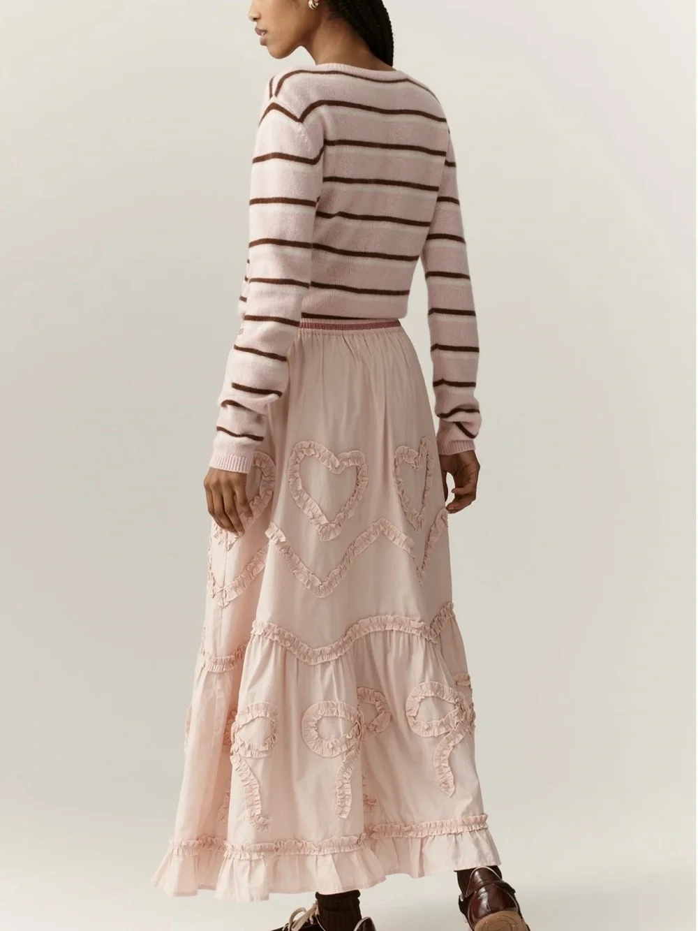Anthropologie Women's Pale Pink Ruffle Heart Maxi Skirt